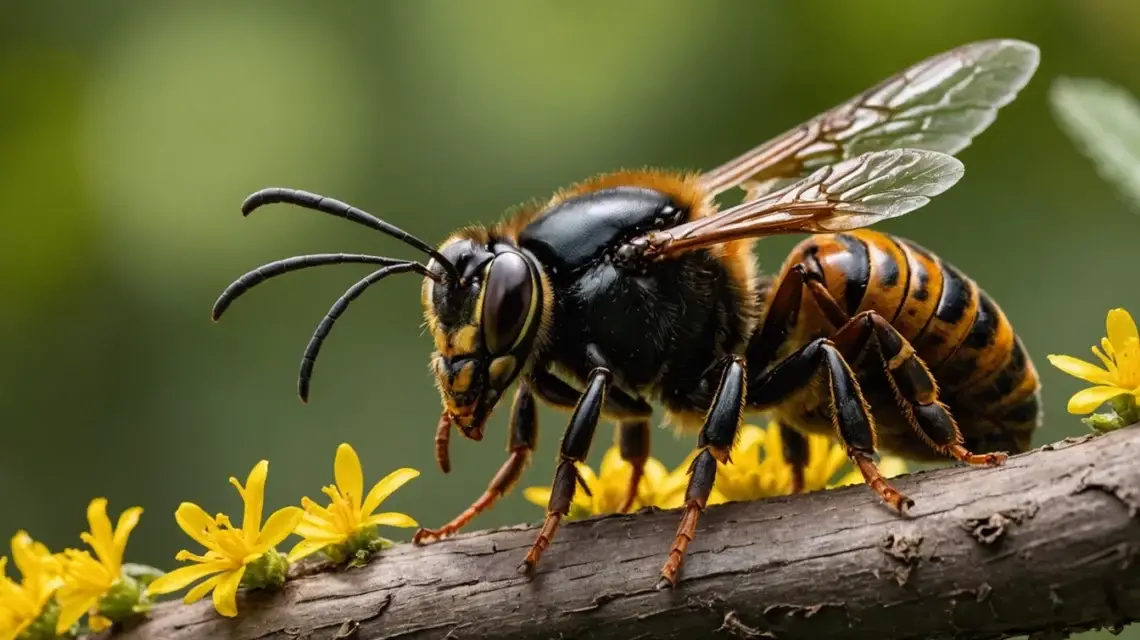 Hornet with black and yellow striped abdomen perched on a tree limb among small yellow flowers, close-up view of its thorax and wings
