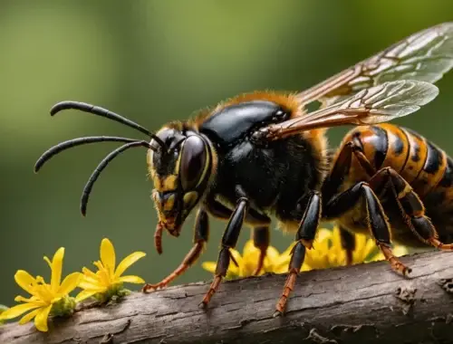 Hornet with black and yellow striped abdomen perched on a tree limb among small yellow flowers, close-up view of its thorax and wings